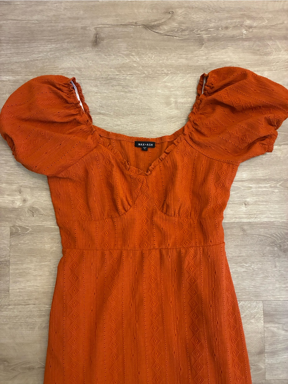 Rust Orange Midi Dress with Puff Sleeves - Picture 2 of 4
